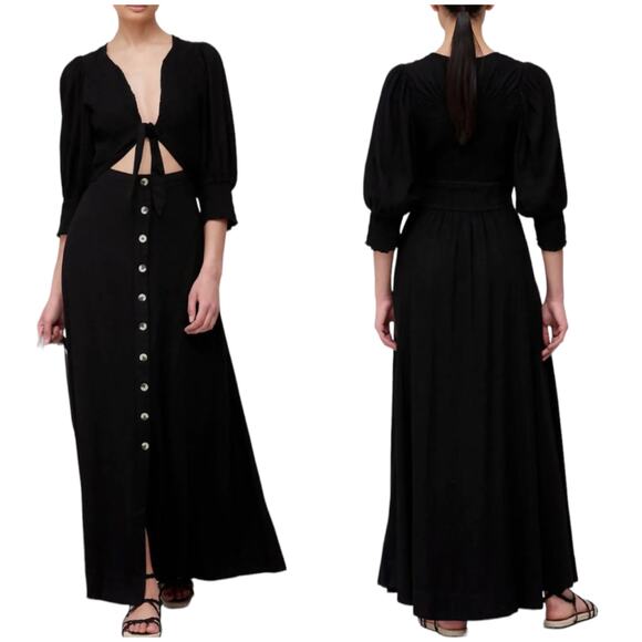 Free People NWT String Of Hearts Maxi Dress Size S Black Tie Front Smocked - Picture 2 of 10